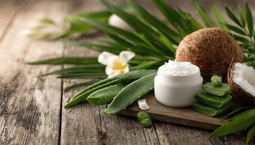 Natural beauty cream with coconut and aloe vera on wood.