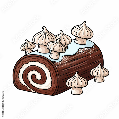 Whimsical Log-Shaped Cylindrical Cake with Mushroom Decorations