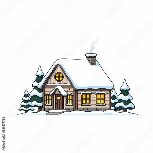 Cozy Snow-Covered House with Chimney Smoke, Pine Trees in Winter Forest