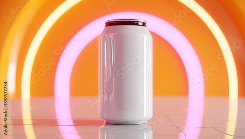 White beverage container with vibrant neon ring illumination.