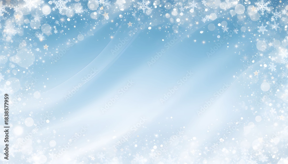 Fototapeta premium Soft blue winter background with sparkling snowflakes and bokeh lights perfect for holiday greetings and seasonal designs