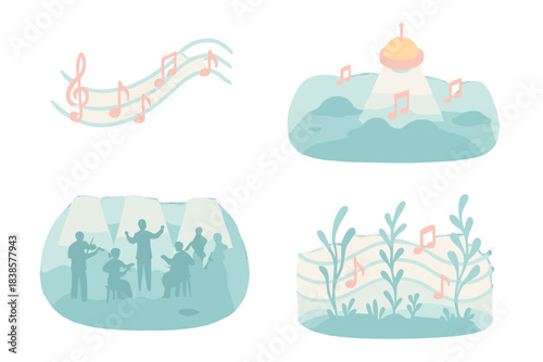 Oceanic Harmony Symphony. Isometric vector illustration set Deep harmony transmission: classical notes flowing through luminous
