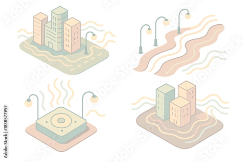 Rhythmic Urban Glow. Isometric vector illustration set Breathing urban glow: city seen as living organism, rhythmic streetlights