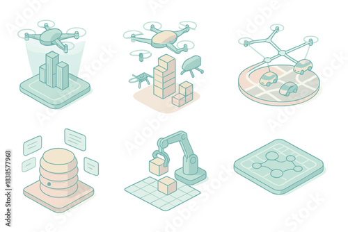 Futuristic Urban Planning. Isometric vector illustration set Autonomous urban evolution: flying swarm projecting holographic city
