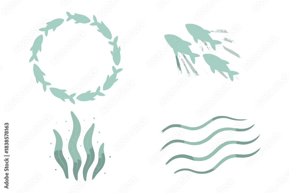 Obraz premium Bioluminescent Sea Dance. Isometric vector illustration set Submarine radiance: group of glowing fish forming circular pattern,