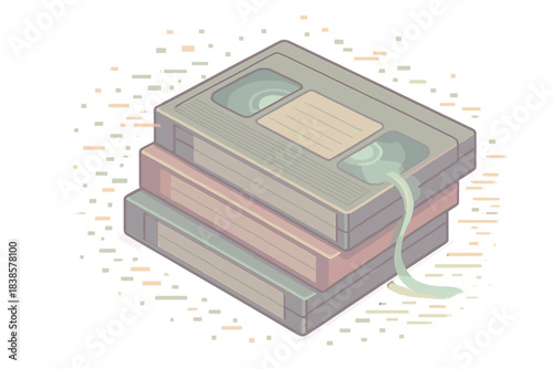 Retro Tape Nostalgia. Isometric vector illustration set Pixelated tape nostalgia: stack of vintage video cassettes surrounded by