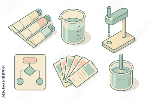 Analog Ink Laboratory. Isometric vector illustration set Analog ink laboratory: pigment tubes, glass beaker, viscosity tester,