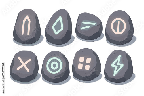 Futuristic Glowing Glyphs. Isometric vector illustration set Glowing command glyphs: futuristic rune strokes, carved data stones,