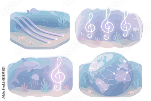 Symphony Beneath Waves. Isometric vector illustration set Symphony beneath waves: network of underwater cables glowing softly,