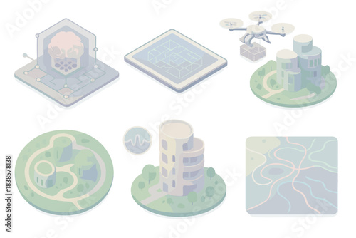 Adaptive Hive Metropolis. Isometric vector illustration set Adaptive hive metropolis: AI swarm co-designing eco-buildings, digital