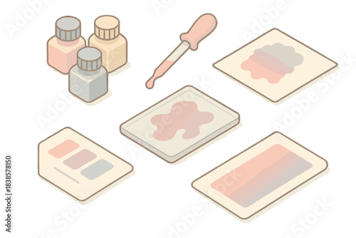 Ink Experiment Icons. Isometric vector illustration set Ink flow experiments: pigment bottles, pipette, glass plate, absorbent
