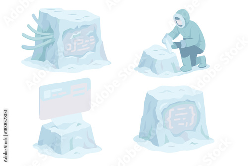 Cryogenic Data Vault. Isometric vector illustration set Cryogenic internet vault: frozen cables embedded in glacier wall, ancient