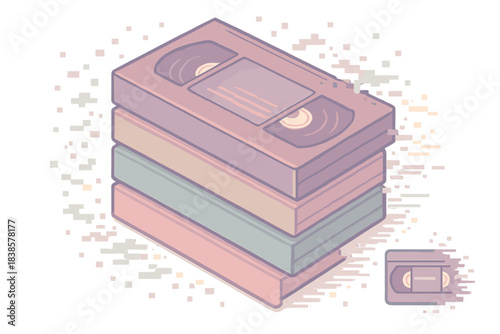 Retro Tape Nostalgia. Isometric vector illustration set Pixelated tape nostalgia: stack of vintage video cassettes surrounded by