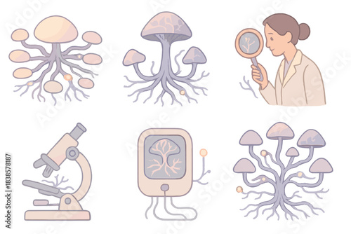 Fungal Neural Network. Isometric vector illustration set Neural mycelium web: fungal filaments linking memory nodes, roots pulsing