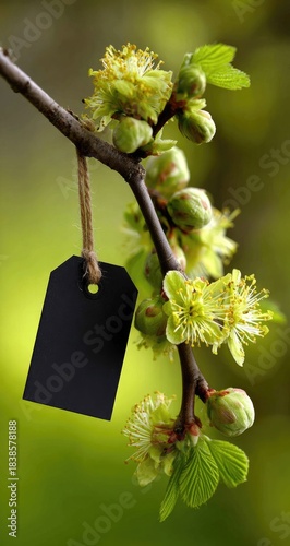 Delicate blossom on branch with blank tag hangs gently.