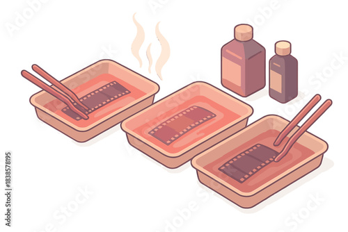 Darkroom Essentials Icons. Isometric vector illustration set Darkroom essentials: three developer trays with film strips soaking