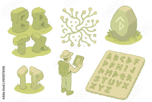Bio-Rune Exploration. Isometric vector illustration set Bio-rune formation: moss clusters shaping ancient letters, spore lines