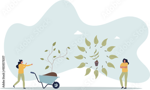 People characters planting trees and plants seedlings.life and employment of people.