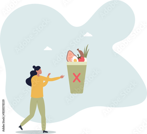 food waste into a trash bin and thinking how to reducing it. Zero waste concept.flat vector illustration.life and employment of people.