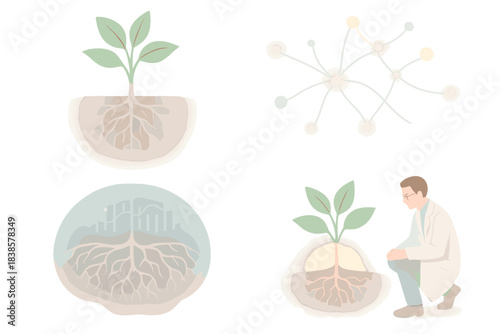 Synaptic Eco-connectivity. Isometric vector illustration set Synaptic ecosystem: plant roots merging into neural patterns, light