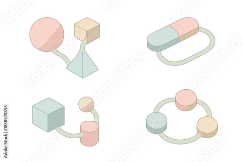 Geometric Harmony. Isometric vector illustration set Geometric language: shapes connected through curved lines, intersections