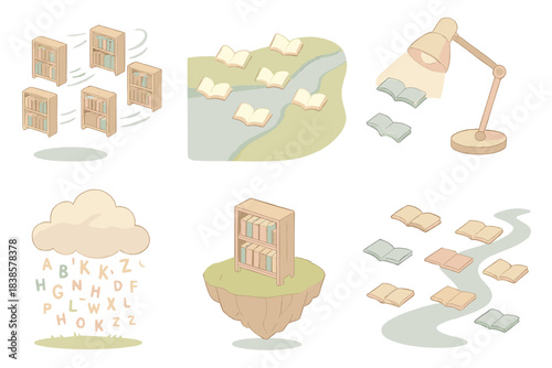 Nomadic Library Shelves. Isometric vector illustration set Nomadic books: migrating library shelves on air currents, glowing book