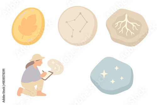Galactic Fossil Icons. Isometric vector illustration set Galactic imprint fossils: delicate leaf preserved in amber-like stone,