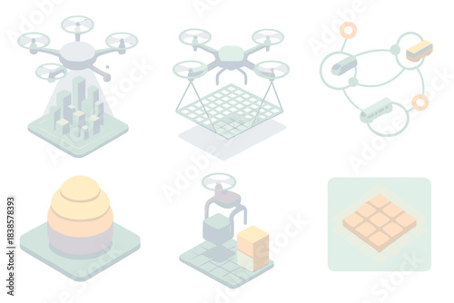 Futuristic Urban Planning. Isometric vector illustration set Autonomous urban evolution: flying swarm projecting holographic city