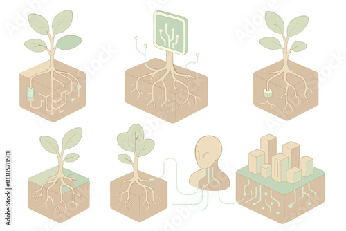 Botanical Tech Network. Isometric vector illustration set Botanical infrastructure intelligence: root circuits linking sensors,