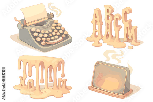 Surreal Typewriter Artistry. Isometric vector illustration set Retro surreal type: typewriter keyboard with warped circular keys,