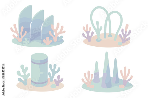 Synthetic Reef Systems. Isometric vector illustration set Synthetic reef systems: curved bio-metal panels, coral-like growths,