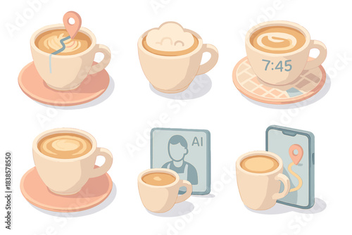 Smart Latte Navigation. Isometric vector illustration set Smart latte navigation: commuter’s coffee showing route visualization,