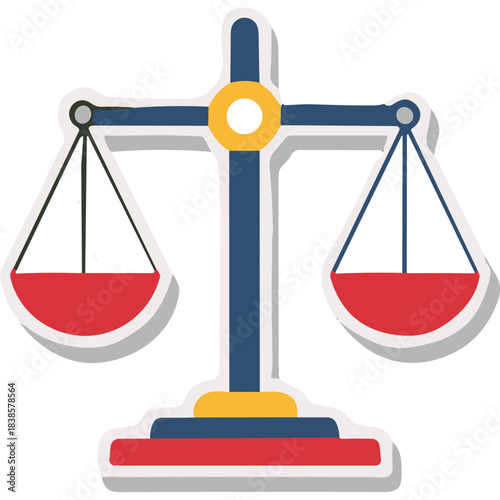 Blue and Red Scales of Justice Symbol with Yellow Accent on a White Background Representing Law and Balance