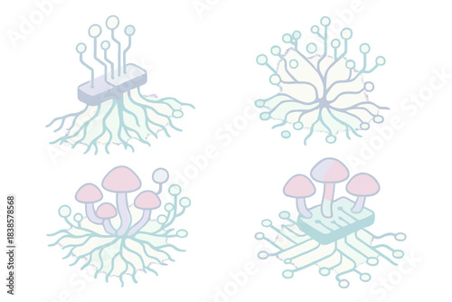 Pastel Mycelium Network. Isometric vector illustration set Living database: root filaments branching like circuit paths, mycelium