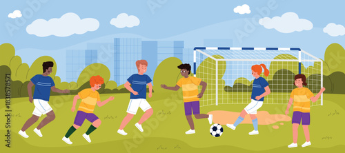 Group of children playing football outdoors on green field, running and kicking ball near goal, enjoying active team sport together in urban park setting vector illustration