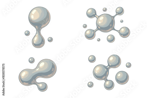 Fluid Metal Dynamics. Isometric vector illustration set Fluid gravity experiment: metallic droplets morphing midair, reflections