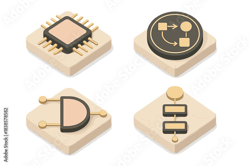 Vintage Machine Aesthetic. Isometric vector illustration set Vintage machine logic: streamlined paths, black lacquer surfaces,