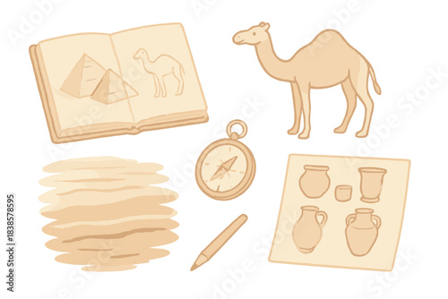 Archaeological Expedition Icons. Isometric vector illustration set Desert site notes: archaeologist’s sketchbook open to pyramid