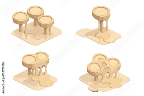 Melting Typewriter Keys. Isometric vector illustration set Liquefied print relic: deformed typewriter keys dripping into mirrored