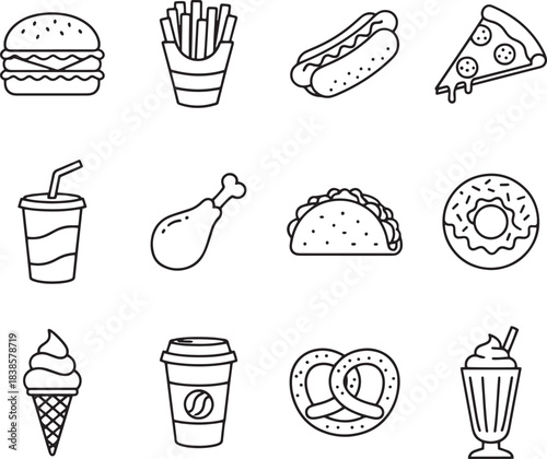 Set of Fast Food and Takeout Line Icons in Black and White Outline Style