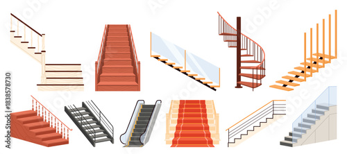 Collection of cartoon staircases including wooden, stone, metal, spiral, escalator, and carpeted steps for architecture, home, and office concepts isolated on white background vector illustration