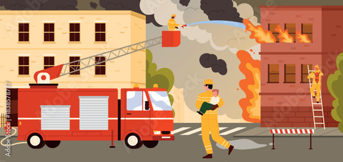 Firefighters in uniform save residents and extinguish flames in a city street fire emergency, using a fire truck, hose, and ladder for rescue and safety vector illustration