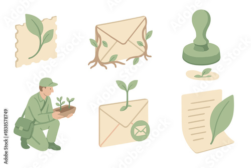 Eco Postage Evolution. Isometric vector illustration set Bio-stamp evolution: postage corner transforming into leaf, roots weaving