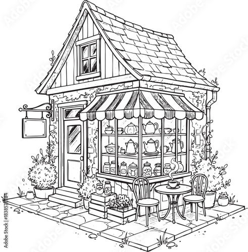 Isometric Cozy Cottage: Traditional Tea House and Outdoor Seating Sketch