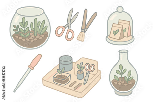 City Gardener Essentials. Isometric vector illustration set City gardener essentials: open terrarium bowl with plants and pebbles,