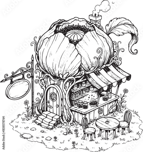 Monochrome Botanical Shop: Poppy House with Awning and Retail Display