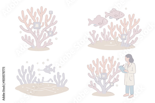 Digital Coral Ecosystem. Isometric vector illustration set Living data infrastructure: coral branches integrating digital nodes,