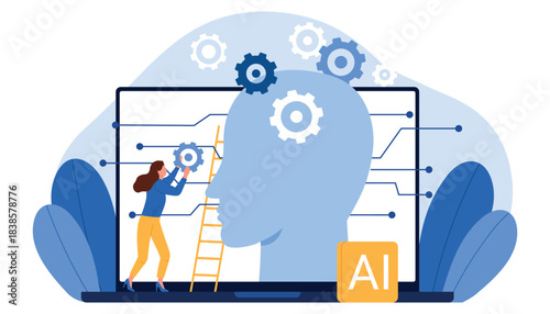 Female character interacts with AI technology, gears, and neural network connections, representing machine learning, innovation, and data science, isolated on white background vector illustration