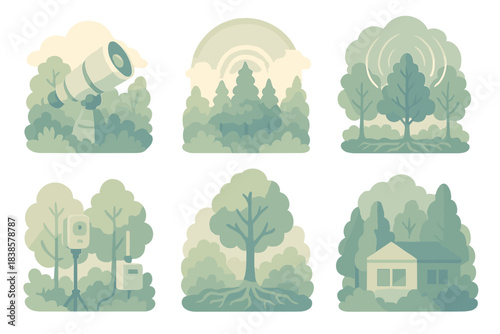 Planetary Biosignal Research. Isometric vector illustration set Planetary biosignal research: telescopes surrounded by lush