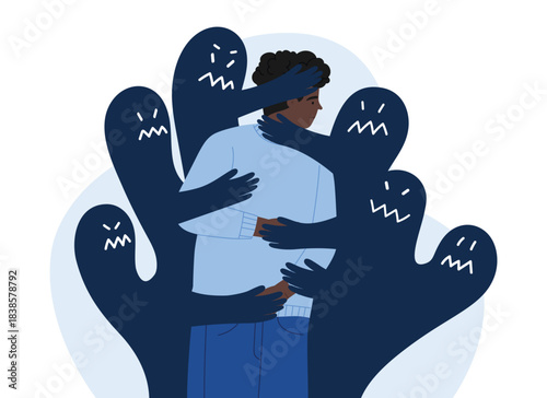 Sad man overwhelmed by dark shadowy figures representing abuse, depression, and fear, expressing emotional struggle and mental health issues, isolated on white background vector illustration